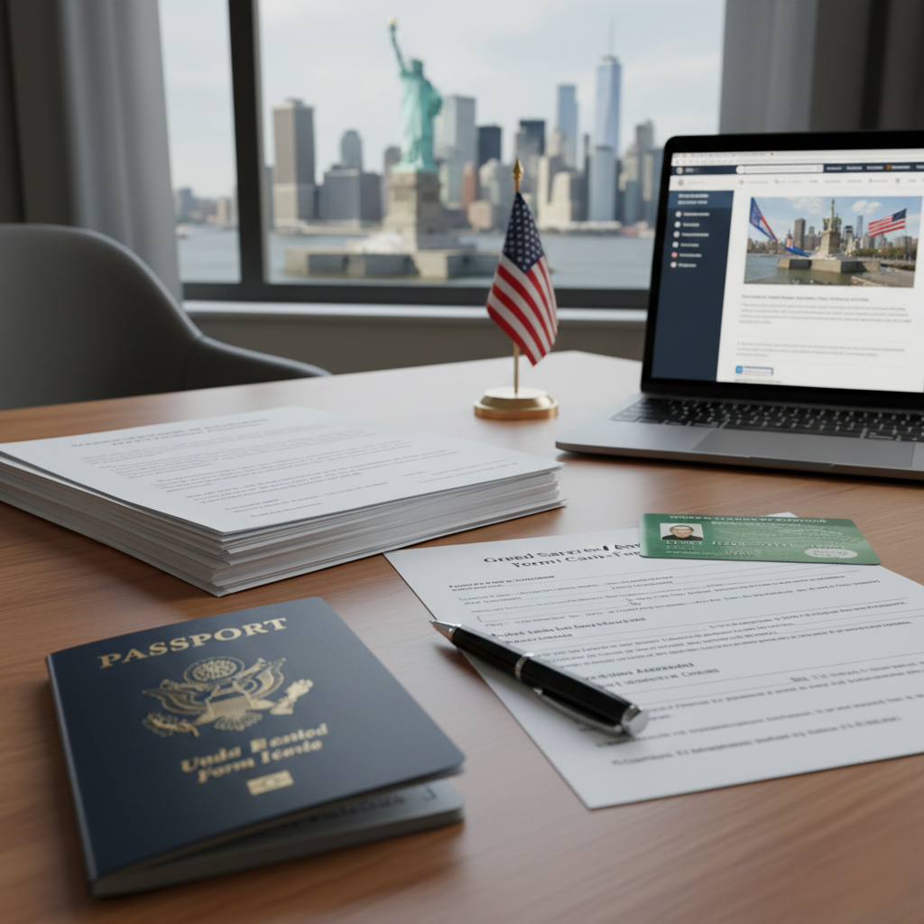 Pasaporte y documentos legales sobre un escritorio con vista a la Estatua de la Libertad