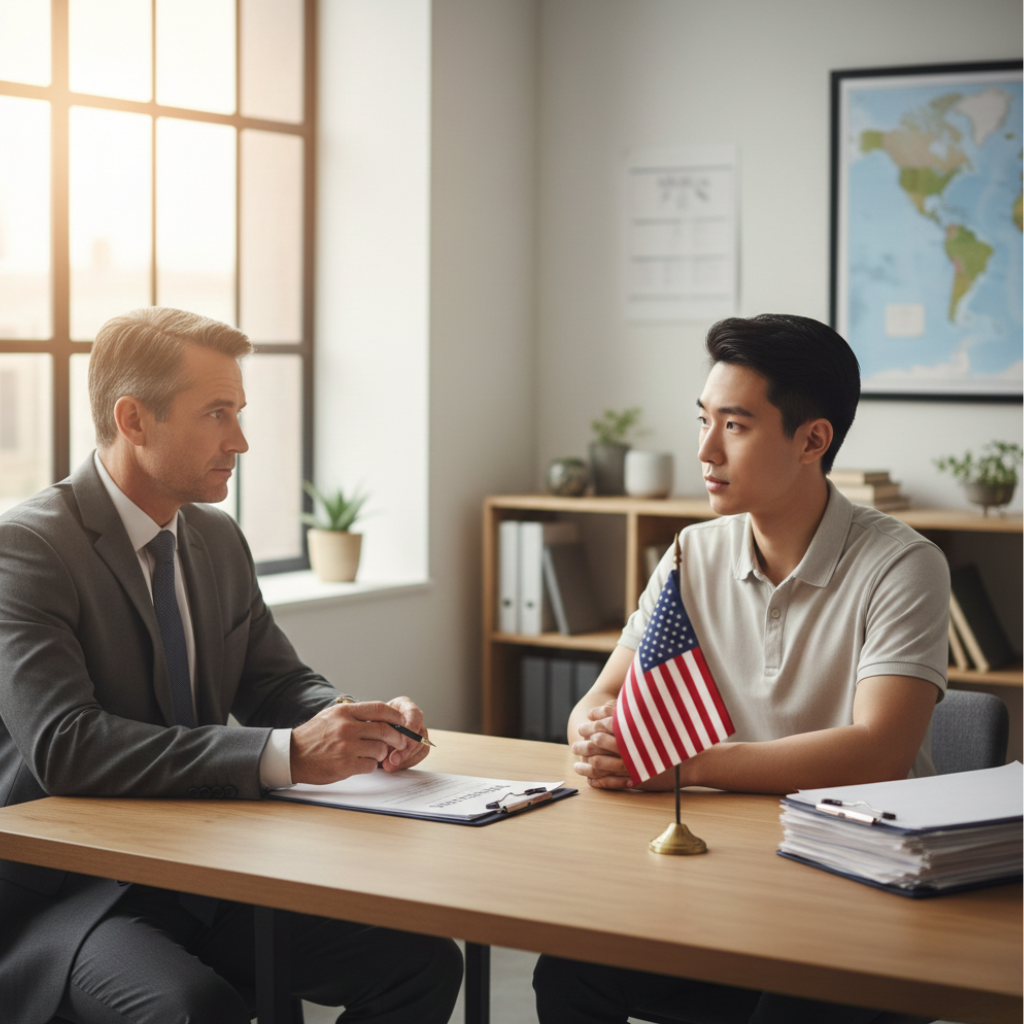 Abogado reunido con un cliente en una oficina con una bandera de Estados Unidos