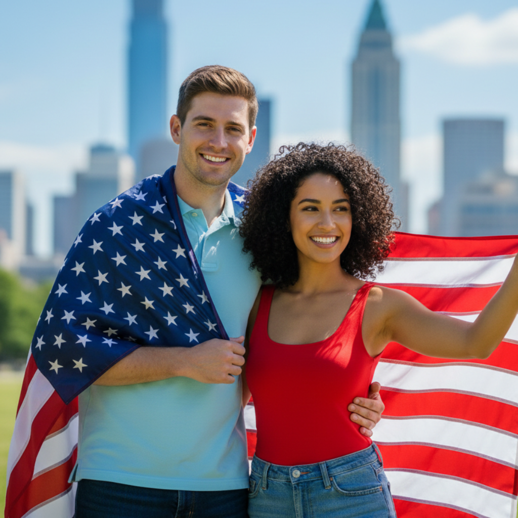 Pareja sonriente con la bandera de Estados Unidos