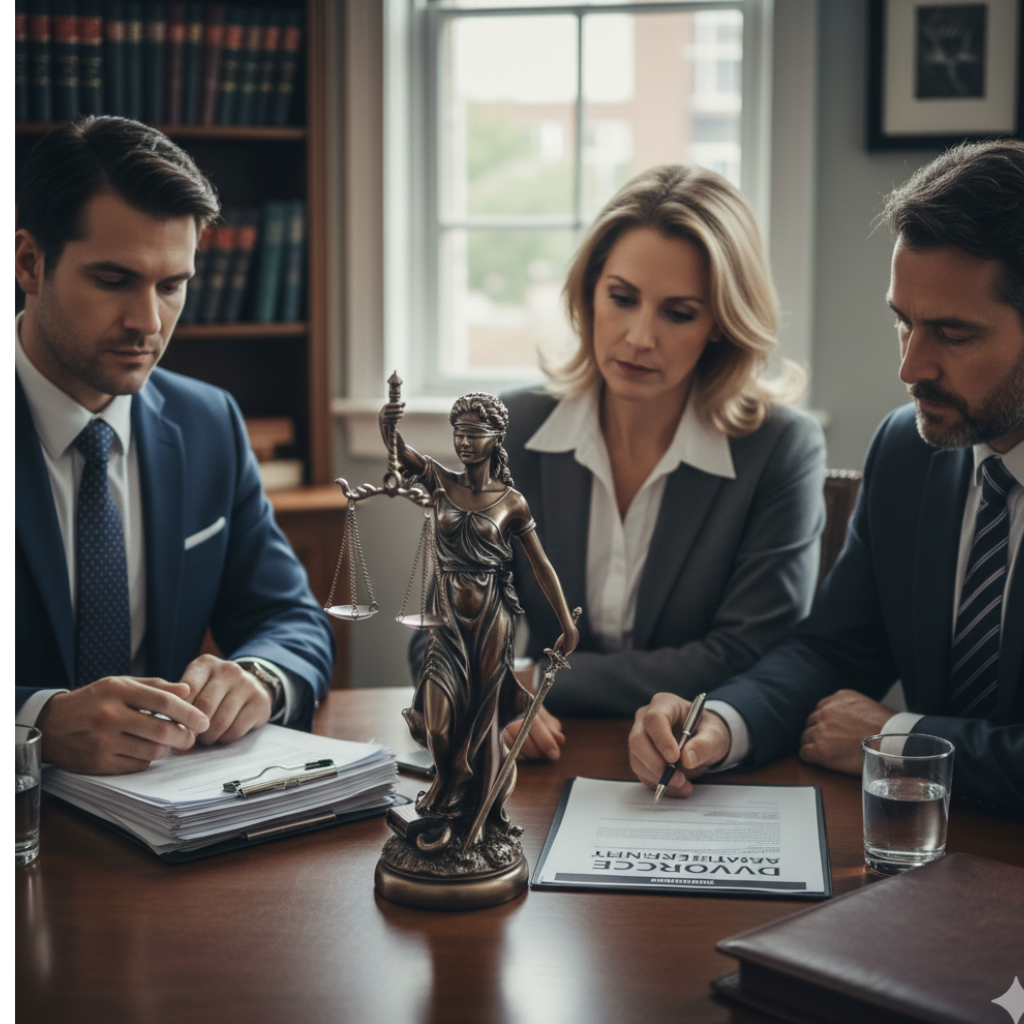 Abogados revisando un caso junto a una estatua de la justicia