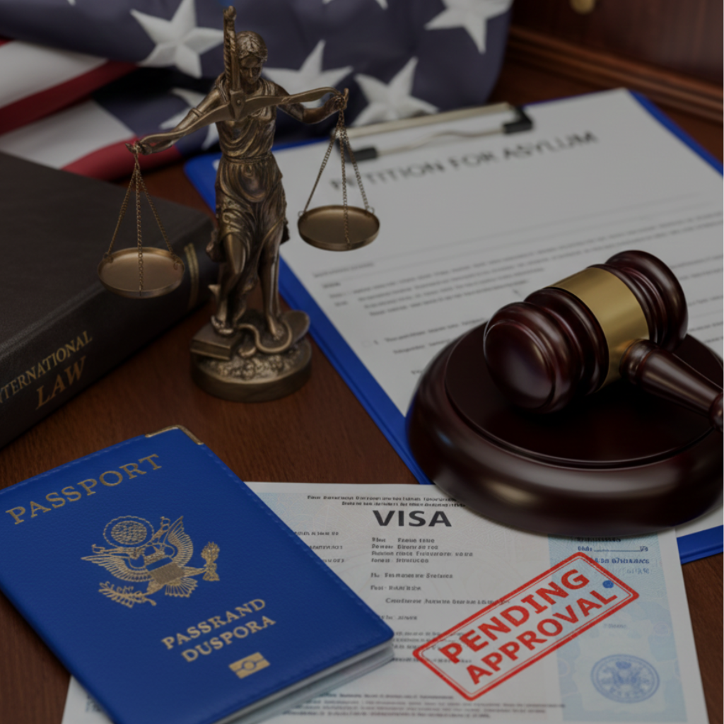Pasaporte, formularios de inmigración y mazo de juez sobre un escritorio